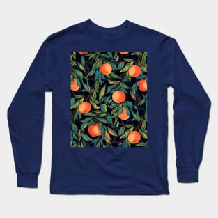 Vibrant Peaches Fruits and Leaves Pattern Long Sleeve T-Shirt